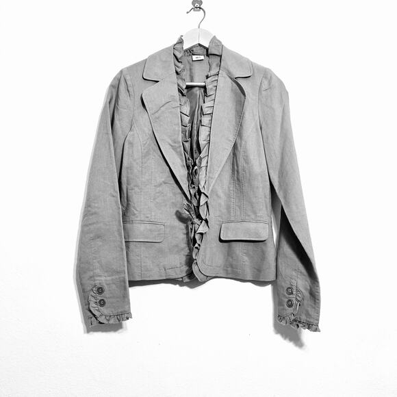 M&S Jacket Women EUR 36 US 4 Gray Blazer Ruffles Tie Closure Linen Cotton Career - Picture 1 of 8